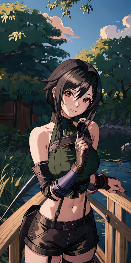 (((masterpiece))),((Highest quality、masterpiece、anime style、best quality、high resolution、8k、detailed、ultra-detailed:1.3)),(((Beautiful one woman:1.3))),((yuffie kisaragi,Black Hair、Shortcuts:1.3)), headband, green crop top, shoulder armor, armguard, fingerless gloves, tan shorts, single thighhigh, fishnets, upper body, looking at viewer, furrowed brow, smug smile, closed mouth, grass, bamboo, sky,sexy pose,(((outdoor))),Daytime