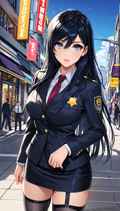 highest quality、one woman, age 26、policewoman、black hair、long hair、hanging eyes、dark eyes、black clothing、suit、tight skirt、panty ...