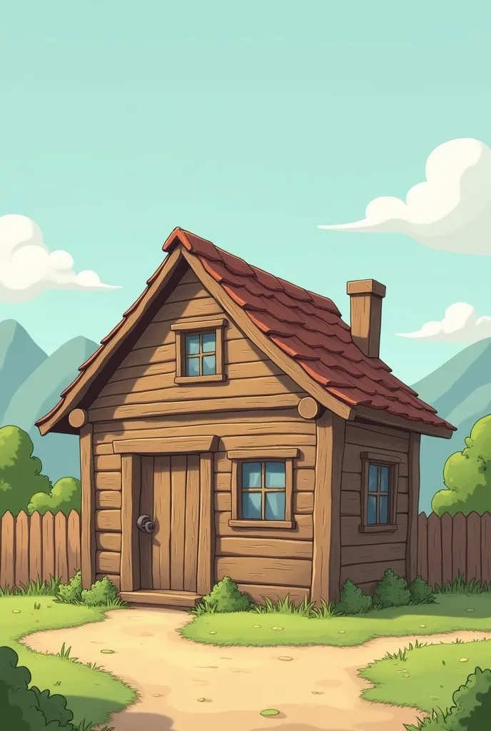 the view from the outside, full view of the house, minimalist, wooden house, cheap, poor, fence, small garden under one window, cartoon, Rustic 