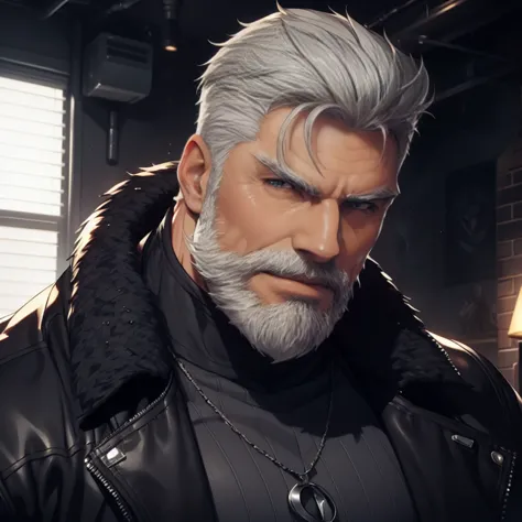 a muscular man, quiff hairstyle, gray hair, gray mustache, gray beard, venom symbiote, large white spider logo on symbiote, hand...