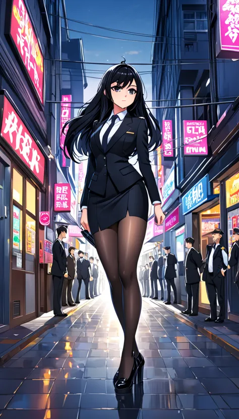 highest quality、one woman, age 26、policewoman、black hair、long hair、hanging eyes、dark eyes、black clothing、suit、tight skirt、panty ...