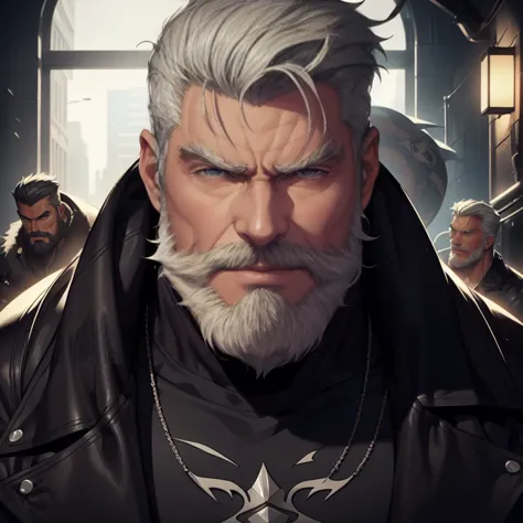 a muscular man, quiff hairstyle, gray hair, gray mustache, gray beard, venom symbiote, large white spider logo on symbiote, hand...