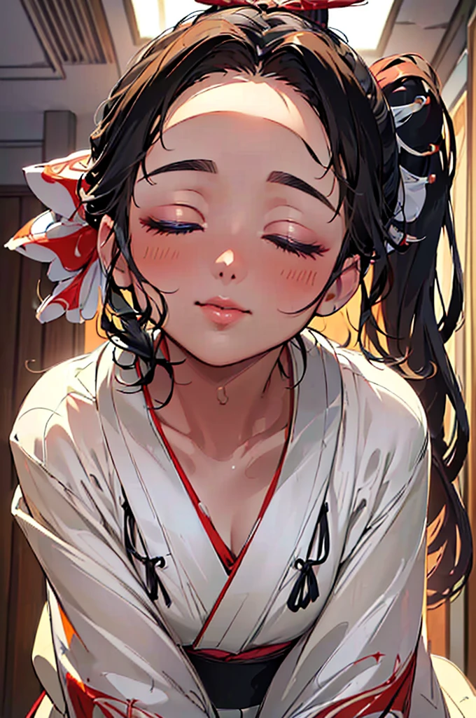 ((((High resolution, Intricate details, masterpiece, 8k, from front, Full Color)))), (((beautiful, Eyes closed, Focus on the face, incoming kiss, kimono))), ((One Woman, light smile, Red cheeks,)), (Black Hair, Beautiful forehead, Long Hair, ponytail, Big ribbon, Glowing Skin), from front, looking at viewer, look at viewer, indoor,