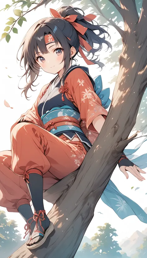 vector art、Female ninja、Sengoku period、Female Ninja、cute、Sitting on a tree branch