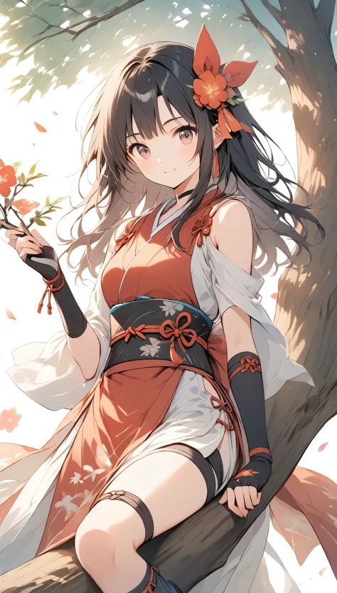 vector art、Female ninja、Sengoku period、Female Ninja、cute、Sitting on a tree branch