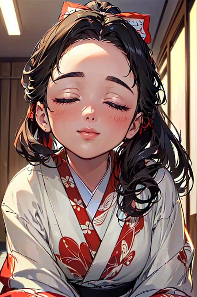 ((((High resolution, Intricate details, masterpiece, 8k, from front, Full Color)))), (((beautiful, Eyes closed, Focus on the face, incoming kiss, kimono))), ((One Woman, light smile, Red cheeks,)), (Black Hair, Beautiful forehead, Long Hair, ponytail, Big ribbon, Glowing Skin), from front, looking at viewer, look at viewer, indoor,