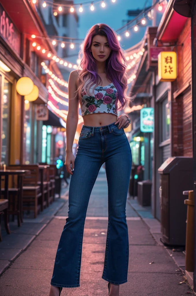 ((A fashioned girl on the street, black skin, jeans pants, high heels)), Background, In chic boho style, in a cafe, Ice cream print, multi-colored neon lights, neon garlands, rose hair, mixed-language_SMS, Japanese graffiti, (beautiful and clear background:1.2), fantastic paintings ,graffit style, high detailed eyes, ultra detail hair, Masterpiece, Best Quality, high quality, high-definition, detail enhancement, ((most beautiful image in the world)), Masterpiece, Best Quality, high quality, high-definition, detail enhancement, ((most beautiful image ), Shiny pink, Purple, mint, lavender, Yellow, white degrade hair, art by stjepan sejic, art by j scott campbell, art by guillem march, art by citemer liu, 4k, high-definition, comic book character, comic, high quality detailed, comix illustration style,tatoon style, high quality, high-definition, detail enhancement, 8K, HD, Best Quality, high qulity, high-definition, detail enhancement, 8K, HDR, sharp-focus, Ultra Detailed, perfect  lighting, 