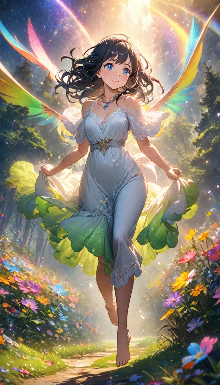 (masterpiece、Highest quality、8k、High resolution)、1 female、Beautiful eyes with slit length、Cute lips、Beautiful Nose、Brownish black hair、smile、(Best anime girl)、Green grassland with forest view、Walking,((Barefoot, off the ground, flying high, high, high, flying and running)),Fantasy art,Colorful flowers blooming in the field,A bright night with the stars clearly visible、milky way、(Mysterious light particles from the whole body、Colorful light particles)、jewelry、necklace、White lace dress、(Beautiful full body style)、Highly detailed anime art、Fantasy art,