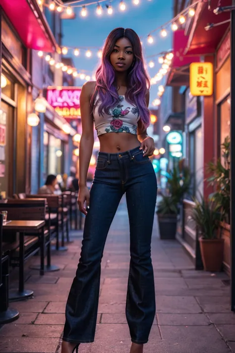 ((a fashioned girl on the street, black skin, jeans pants, high heels)), background, in chic boho style, in a cafe, ice cream pr...