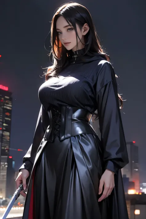 wearing a long-sleeved, structured black hooded outfit, corset-style waist. her hair is long and tied back.. she stands confiden...