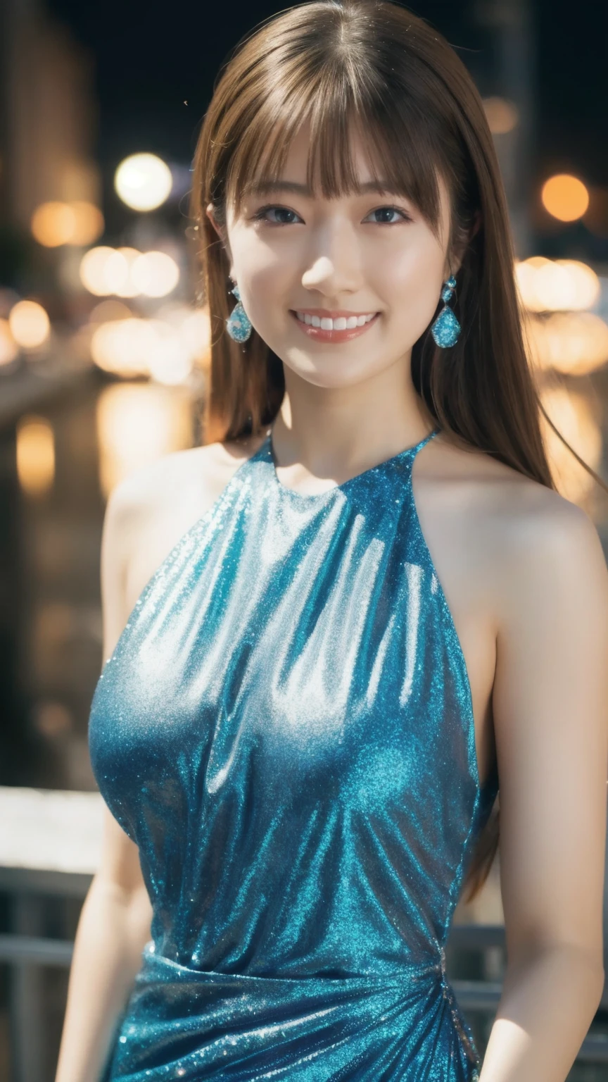 1girl,(wearing a blue glittery evening dress:1.2),(RAW photo, best quality), (realistic, photo-realistic:1.4), masterpiece, an extremely delicate and beautiful, extremely detailed, 2k wallpaper, Amazing, finely detail, extremely detailed CG unity 8k wallpaper, ultra-detailed, highres, soft light, beautiful detailed girl, extremely detailed eyes and face, beautiful detailed nose, beautiful detailed eyes,cinematic lighting,city lights at night,perfect anatomy,slender body,light smile,close up,(long hair with bangs), breast