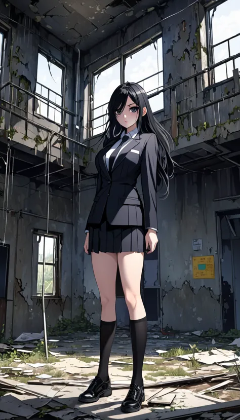 highest quality、one woman, age 26、policewoman、black hair、long hair、hanging eyes、dark eyes、black clothing、suit、tight skirt、over t...