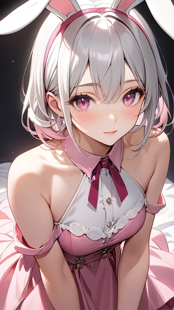 (masterpiece, Highest quality:1.2), Silver Hair,Pink dress,Pink eyes,Bunny ears,One person, One personで,Mid length, girl&#39; I'm in love with you, Dynamic Random Shot, Attractive cleavage, elastic thighs, ARW