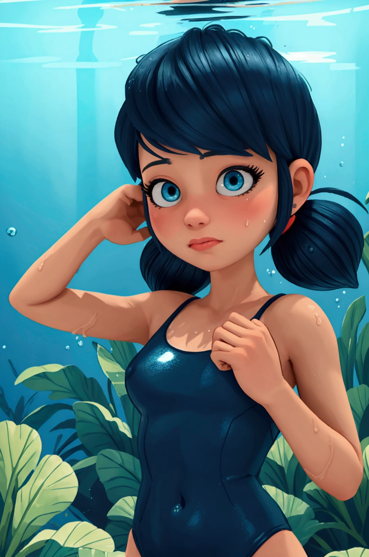 marinette dupain-cheng, teenage, 1girl, solo, swimming, underwater, pool, blue hair, black hair, hands up, CmptSwm, one-piece swimsuit, detailed facial features, beautiful eyes, elegant expression, realistic, photorealistic, photo-realistic, 8k, best quality, masterpiece, detailed water effects, underwater lighting, shimmering water, water droplets, serene atmosphere, calming colors