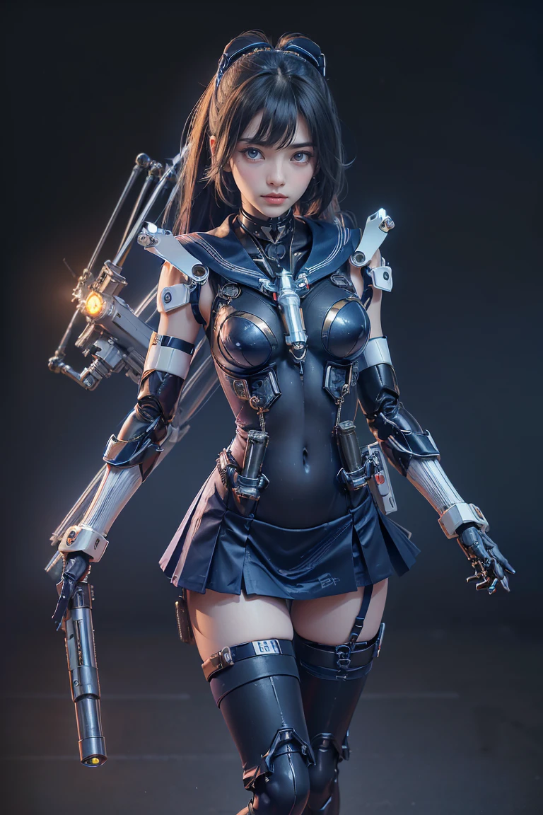 ((masterpiece, Highest quality, Best image quality, High resolution, Realistic, RAW Photos, 8k))、Near future、sf、Cyberpunk Town、neon、 (girl)、Clear dark blue eyes、Sharp eyes、Thin Nose、Beautiful Face, 1 female、(mechanical girl:1.2),(Underarm mechanical gun holster:1.5),(Mechanical Arm:1.5),(Navy blue mechanical miniskirt:1.5),(White knee-high mechanical legs:1.2)、cyborg,(Sailor suit type、Sailor Uniform Bodysuit、Mechanical bodysuit:1.3),sf ,(Mechanical Hair Band:1.1)、(Composition above the knee:1.2)、(looking at the camera:1.3)、