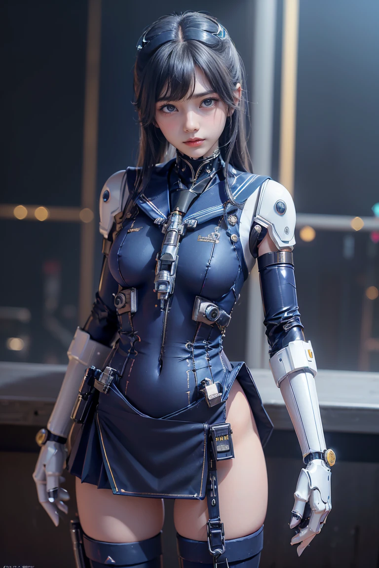 ((masterpiece, Highest quality, Best image quality, High resolution, Realistic, RAW Photos, 8k))、Near future、sf、Cyberpunk Town、neon、 (girl)、Clear dark blue eyes、Sharp eyes、Thin Nose、Beautiful Face, 1 female、(mechanical girl:1.2),(Underarm mechanical gun holster:1.5),(Mechanical Arm:1.5),(Navy blue mechanical miniskirt:1.5),(White knee-high mechanical legs:1.2)、cyborg,(Sailor suit type、Sailor Uniform Bodysuit、Mechanical bodysuit:1.3),sf ,(Mechanical Hair Band:1.1)、(Composition above the knee:1.2)、(looking at the camera:1.3)、