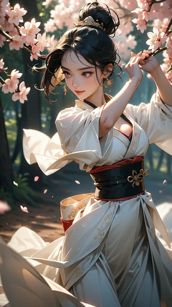 (masterpiece:1.2, best quality:1.2, ultra detailed:1.2, high resolution, perfect anatomy:1.3), (cinematic lighting), (fractal art:1.3), (beautifully detailed eyes), (1girl), xuer martial arts, (dynamic posture, to perform a sword dancing:1.3, Japanese sword:1.1) , extremely detailed, cowboy shot of a beautiful female Samurai, sleek beautiful black hair, high_updo, wearing gold and blue, warrior, playful smile,  eyes, beautiful shape breasts, cleavage, slim waist , outdoors, woodland background, highly detailed face and clothing, slightly narrow eyes, perfect face, fair skin, cowboy shot, noble beautiful, traditional Japanese clothing, shinobi woman, I can see her entire body,, colorful, (highest detailed, cherry blossoms blowing in the wind)