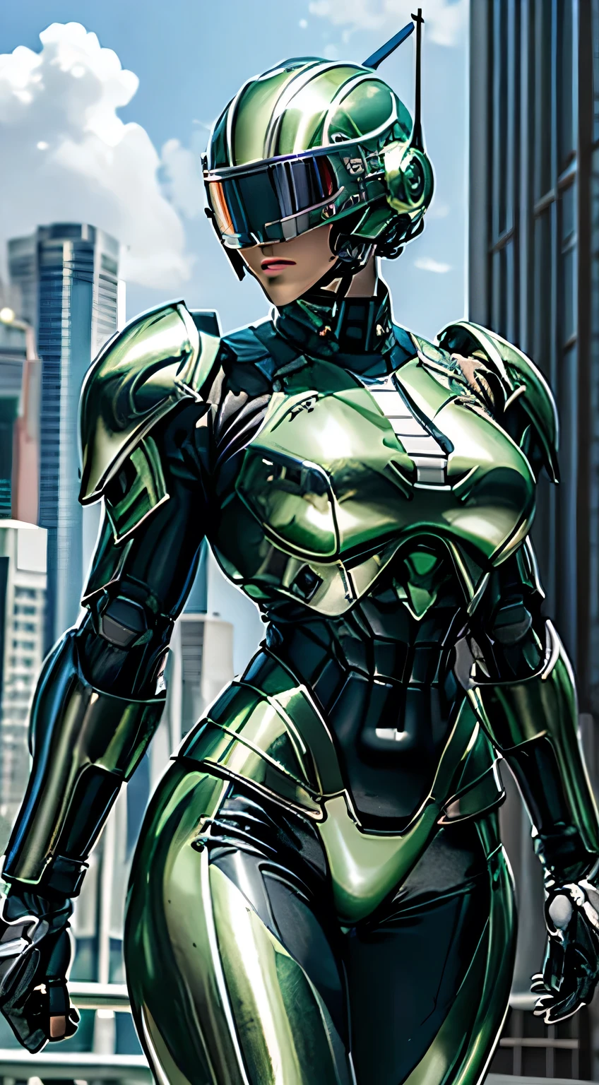 Female Robocop Solo、Bright outdoors、strong light source、8k, high quality, masterpiece, 最high quality, Crisp contrast、Very detailed、full body armor、Very large armor、Helmet covering the head、Clear photos、The eyes are pale, Translucent Straight Goggles.:1.3、The lower half of the face is raw々Shii:1.5、The lower half of the face is exposed、Seductive lips、Light green metallic armor、black accent color、Armor that completely covers the chest、length, Thin legs、Vibrant Posello Body View,Big and ample breasts:1.8, (Sports Body:1.5)、Five Fingers、Hold a gun、In the city