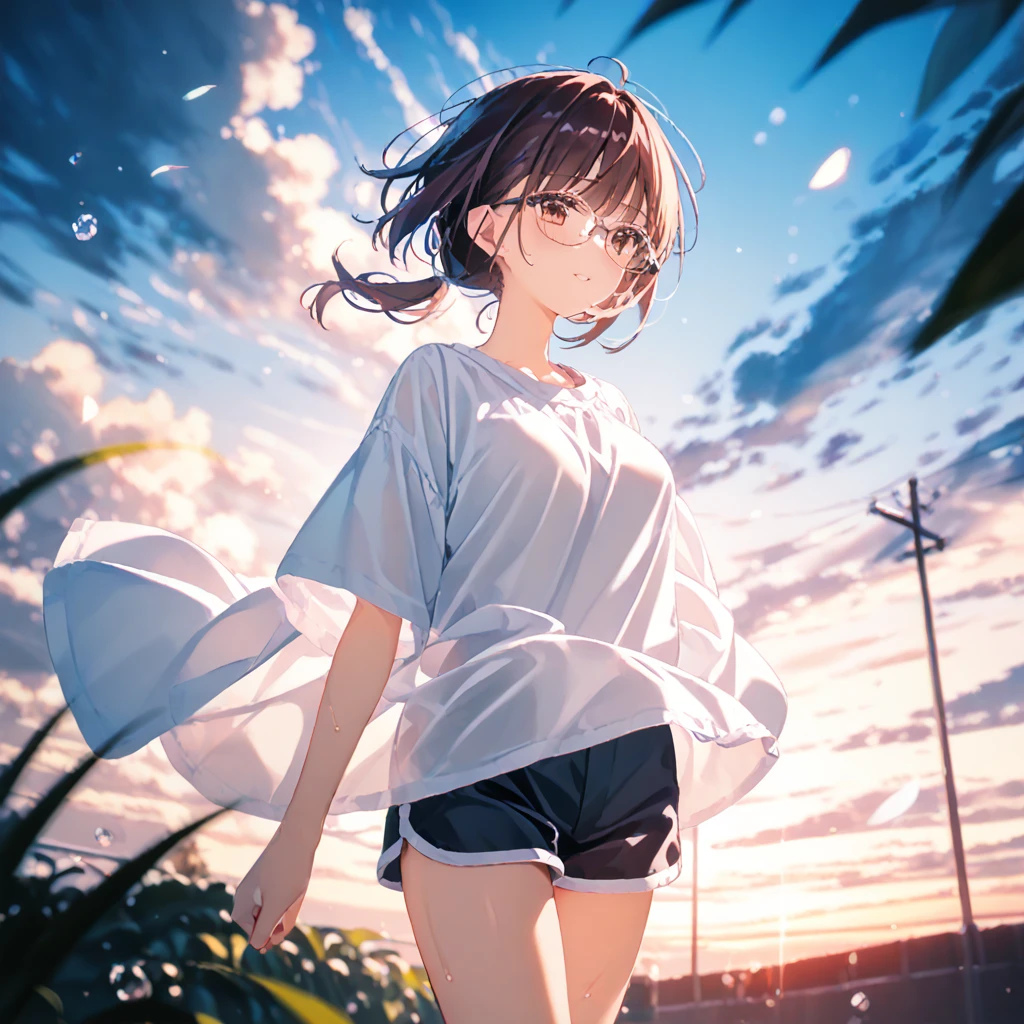 (by mitsumi misato:1), score_9, score_8_up, score_7_up, source_anime, best quality, masterpiece, official art,,break,1girl, tomboy, glasses, short hair, low ponytail, medium breasts, beautiful detailed eyes, shorts, sweat, sleepily, outdoors, wind, (Detailed background),break, Best sexual lighting powered by famous artist, 8k, 16k, cute picture,beauty illustration,photoshop_(medium),,(Detailed Lighting),best anime 8k konachan wallpaper, pixiv contest winner,