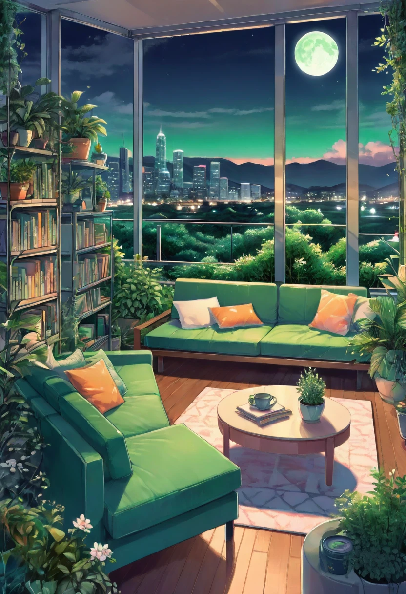  overview, A fl whimsical, thin line art, flat color illustration, ((high quality)), midnight, kawaii girl, long black hair, sitting a sofa, cozy living room, A holding a book. headphones is filled with various green plants and has a warm, inviting atmosphere. A can of soda and a stack of books rest on a small round table in front of him. outdoor garden over the skyline midnight, river