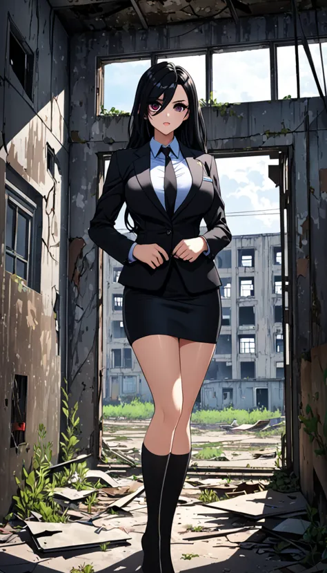 highest quality、one woman, age 26、policewoman、black hair、long hair、hanging eyes、dark eyes、black clothing、big breasts、suit、pencil...