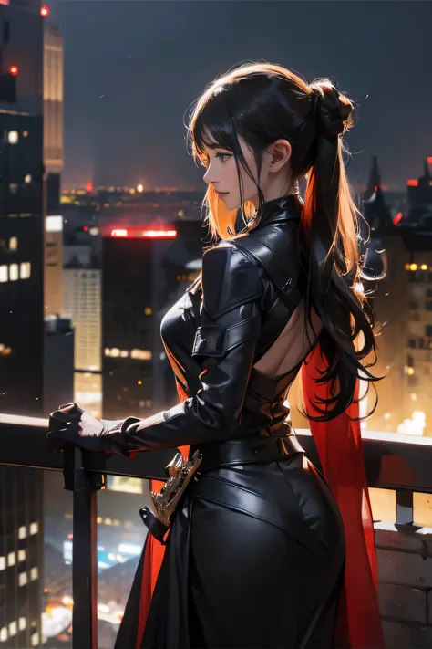 woman with long hair, night、a woman with tied back hair stands on a city rooftop, gazing at a cityscape. she is wearing black ta...