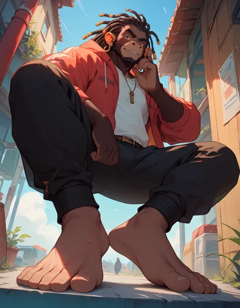 furry, male, monkey, dreadlocks  hair, doing parkour, barefoot, sole visible, foot focus, low angle view