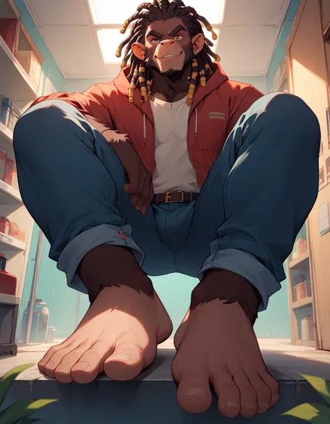 furry, male, monkey, dreadlocks  hair, doing parkour, barefoot, sole visible, foot focus, low angle view