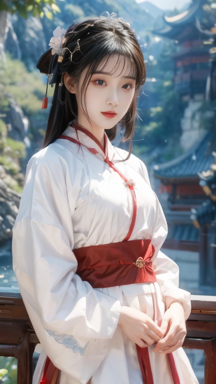 best quality, masterpiece, high resolution,1 girl,pretty,Chinese clothes, 1 [[[[Close-up cleavage]]]], [[[[breast]]]], [[[[Cole]]]], [[[[Shoulder]]]], Perfect eyes, Perfect Iris，Perfect lips，Perfect Teeth，Perfect skin，Fair skin，Soft headlight，HDR，Movie Girl，White Chinese clothing，Hanfu，Long sleeve，A long white skirt，Smile，The background is Mount Immortal，Mountains，Fall，flowing water，Small bridge，4K ultra HD, 超high resolution, (Reality: 1.4), best quality，masterpiece，Super dilution，（Pastel colors：1.2）
