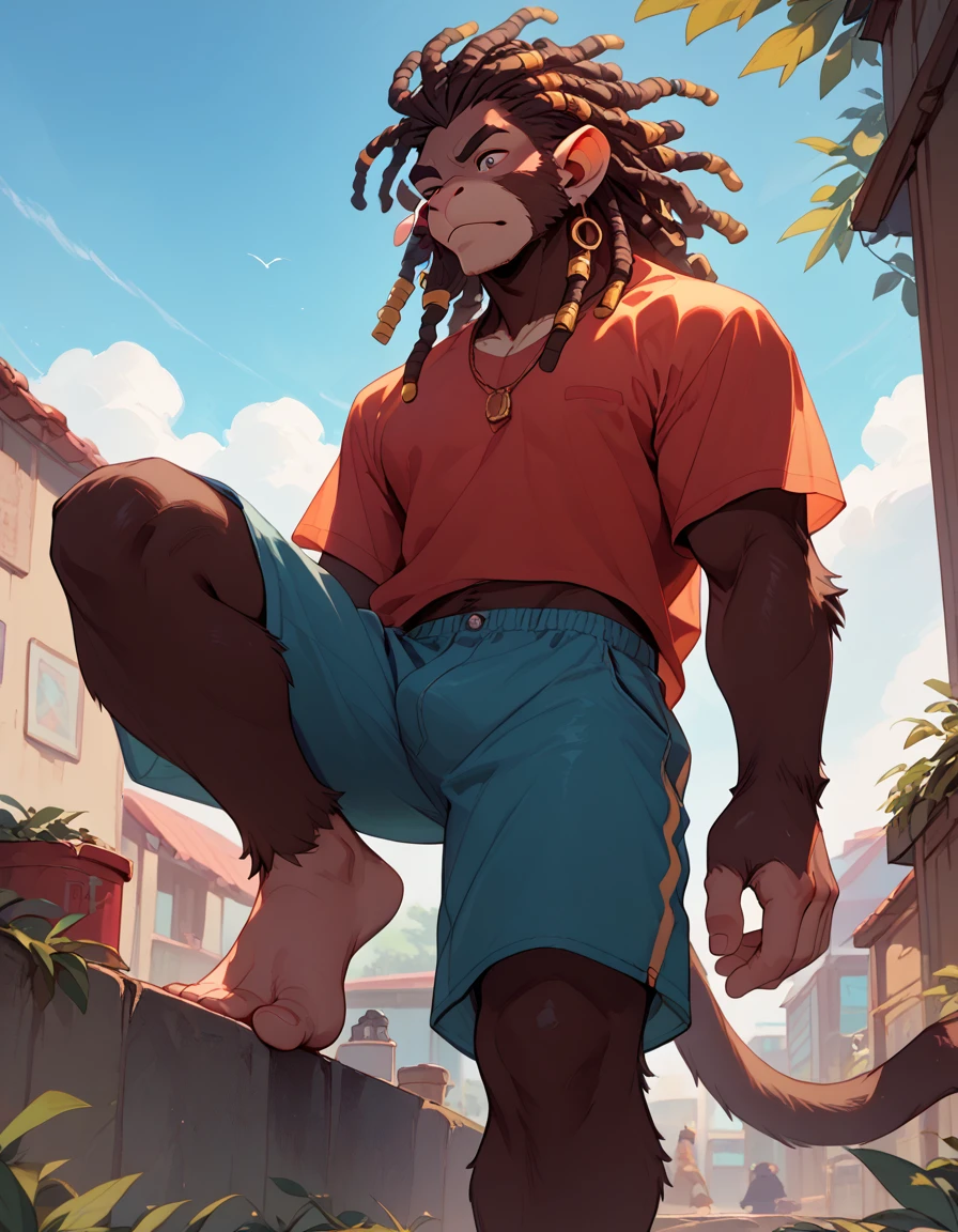 furry, male, monkey, dreadlocks  hair, doing parkour, barefoot, sole visible, low angle view