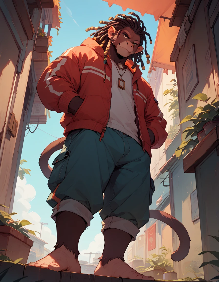 furry, male, monkey, dreadlocks  hair, doing parkour, barefoot, sole visible, low angle view