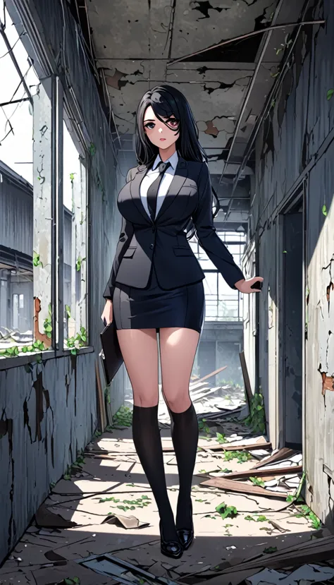 highest quality、one woman, age 26、policewoman、black hair、long hair、hanging eyes、dark eyes、black clothing、big breasts、suit、pencil...