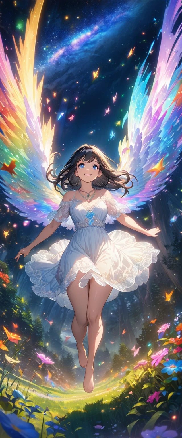 (masterpiece、Highest quality、8k、High resolution)、1 female、Beautiful eyes with slit length、Cute lips、Beautiful Nose、Brownish black hair、smile、(Best anime girl)、Green grassland with forest view、Walking,((Barefoot, off the ground, flying high, high, high, flying and running)),Fantasy art,Colorful flowers blooming in the field,A bright night with the stars clearly visible、milky way、(Mysterious light particles from the whole body、Colorful light particles)、jewelry、necklace、White lace dress、(Beautiful full body style)、Highly detailed anime art、Fantasy art,