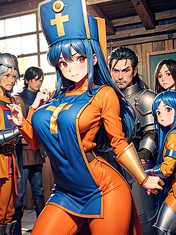 (Game CG), from the front, Cowboy Shot, (2 and 1 Girl), Heterosexual, (priest(dq3):1.3), Blue Hair, Small breasts, (Grab your chest), Raise the hand, (distress:1.3), (blush), Mouth closed, Glowing Skin, (man on either side of woman, A woman caught between men), (Men wear armor:1.5), (vapor:1.3), Ishigaki, (masterpiece, Highest quality, High resolution:1.3), Perfect Anatomy