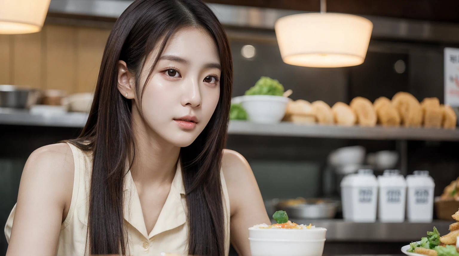 4K, high resolution, best quality, (Korean idol), Exquisitely detailed skin, smooth face, Sharp focus, (movie light), soft light, Dynamic angle, [:(detailed face:1.2):0.3], Young Korean woman sitting, canteen, Korean food,