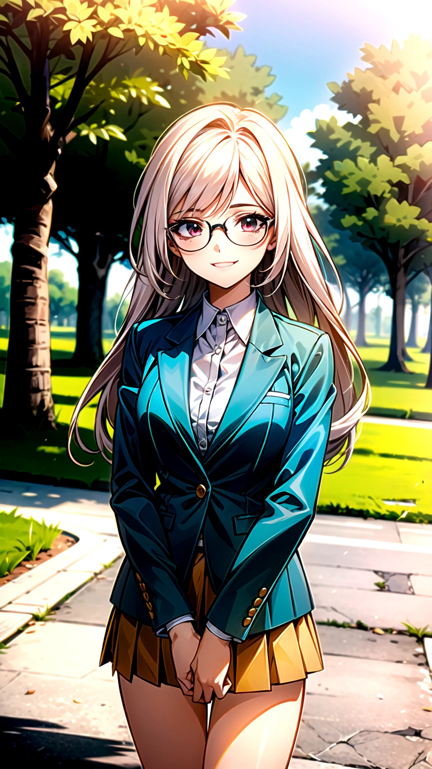 （（super high quality,））（（Ultra-high resolution,））（16K,）（super masterpiece,）（（Ultra HD ,））（Detailed shading,）One high school girl,Pink long hair,Green blazer,White dress shirt,mini skirt,smile,Park in the morning sun,