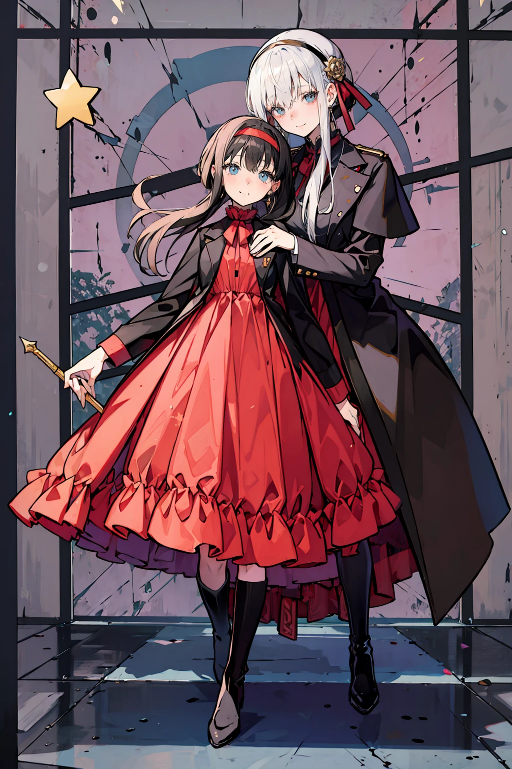 Anime Style、Storytelling、、beautiful girl、とてもcute天使、Pink Gothic Dress、cute、Baby Face、smile、Long skirt、Black long boots、Very cute headband
