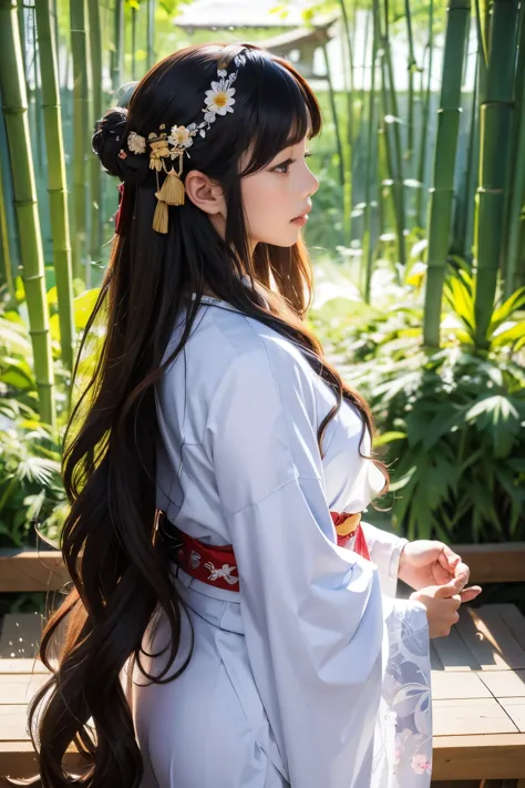 long wavy hair, floral hair accessories, wearing traditional samurai costume、wearing floral patterns and armor, sword ready, con...