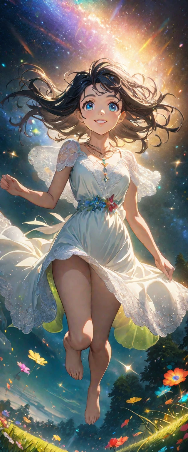 (masterpiece、Highest quality、8k、High resolution)、1 female、Beautiful eyes with slit length、Cute lips、Beautiful Nose、Brownish black hair、smile、(Best anime girl)、Green grassland with forest view、Walking,((Barefoot, off the ground, flying high, high, high, flying and running)),Fantasy art,Colorful flowers blooming in the field,A bright night with the stars clearly visible、milky way、(Mysterious light particles from the whole body、Colorful light particles)、jewelry、necklace、White lace dress、(Beautiful full body style)、Highly detailed anime art、Fantasy art,