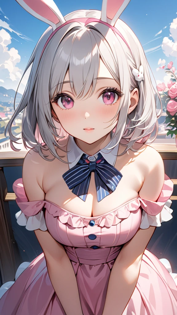 blue sky,(masterpiece, Highest quality:1.2), Silver Hair,Pink dress,Pink eyes,Bunny ears,One person, One personで,Mid length, girl&#39; I'm in love with you, Dynamic Random Shot, elastic thighs, ARW