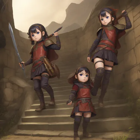 最high quality、high quality、leather clothing and skirts、armor、１０year old girl adventurer、climb the stairs of the underground dung...