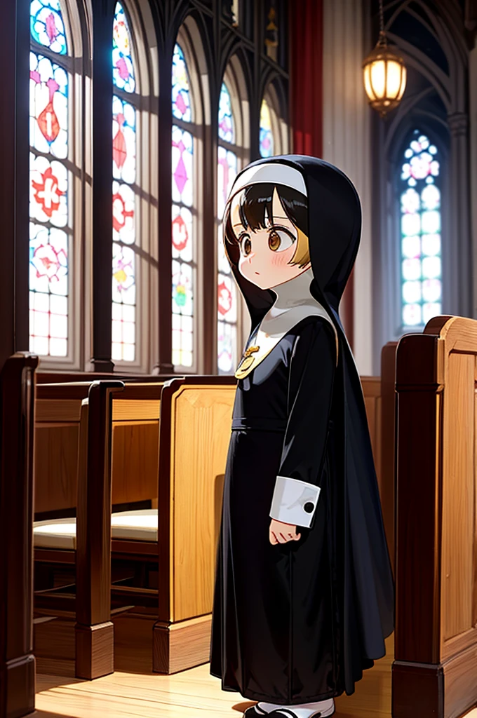 Anime Style,small,small kids,short in life,kids,Immature girl(loli:1.1),(Standing:1.2),(nun:1.2),Alone,(color々Hairstyle),church,Offer a prayer