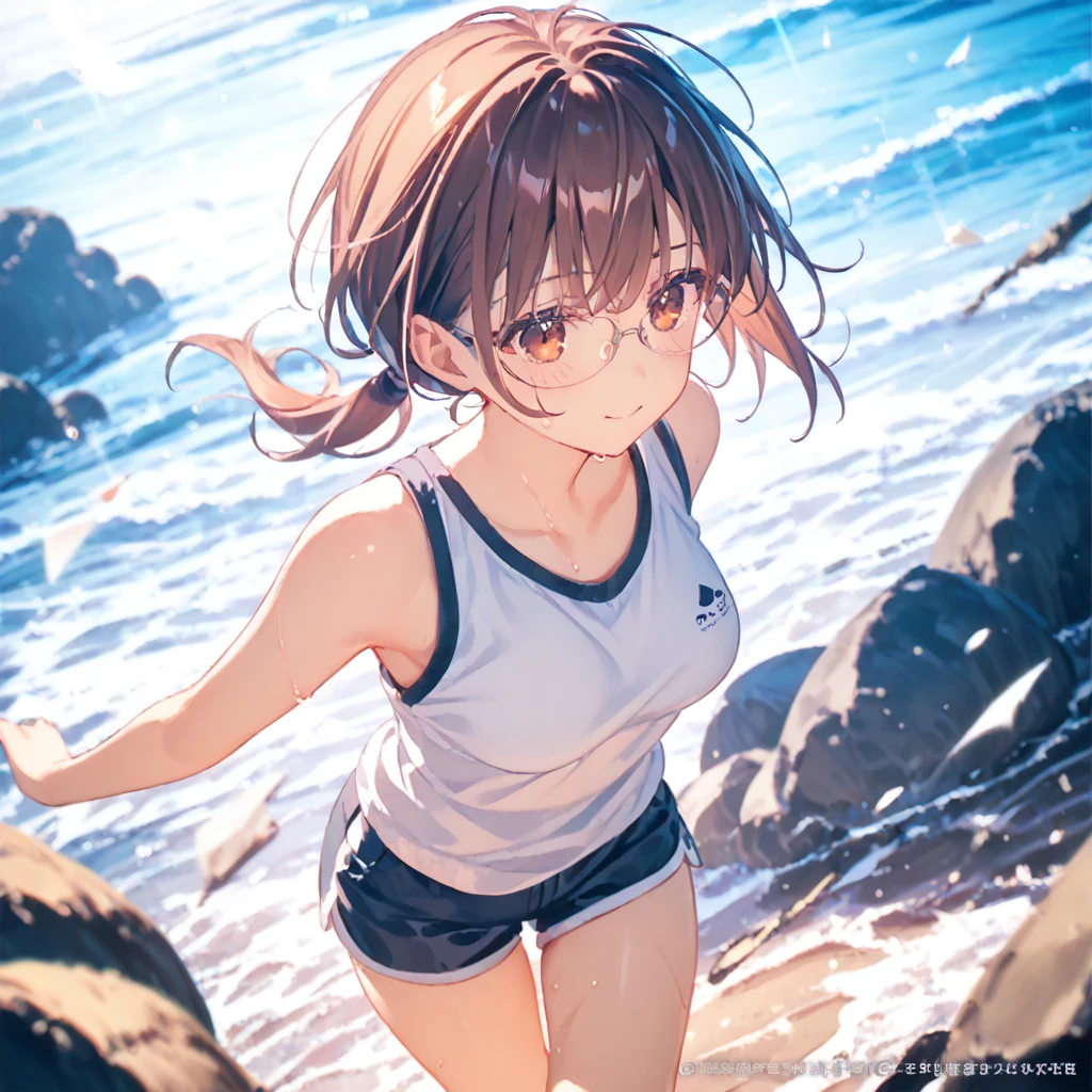 (by mitsumi misato:0.9),(by da-kuro:0.3),(by kantoku:0.3), source_anime, best quality, masterpiece, official art,,break,1girl, tomboy, glasses, short hair, low ponytail, medium breasts, beautiful detailed eyes, shorts, sweat, sleepily, outdoors, wind, (Detailed background),break, Best sexual lighting powered by famous artist, 8k, 16k, cute picture,beauty illustration,photoshop_(medium),best anime 8k konachan wallpaper, pixiv contest winner,