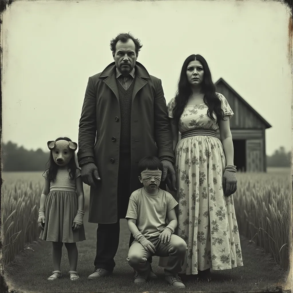 Old Family Photo in a Wheat Field Near a Farm, A Father : Large Massif Long Coat Dilapidated worn mitten and a gagoul in used goni, The mother : Long Dirty White Floral Dress Stained with a Pig Mask on Face, The Youngest Girl Long Black Hair Hiding Her Face, Teenage Son Crouching in Leash Sharpened Nails with Dirty Cloth Strips on Face. Vintage Horror Photo. Horror Vintage Photography. Film Photography. Macabre Horror Movie . Movie Scene. black and white. 