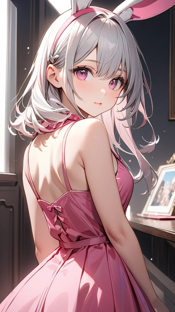 (masterpiece, Highest quality:1.2), Silver Hair,Pink dress,Pink eyes,Bunny ears,One person, One personで,Mid length, girl&#39; I'm in love with you, Dynamic Random Shot, Attractive cleavage, elastic thighs, ARW