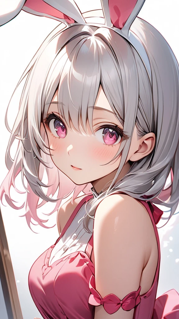 (masterpiece, Highest quality:1.2), Silver Hair,Pink dress,Pink eyes,Bunny ears,One person, One personで,Mid length, girl&#39; I'm in love with you, Dynamic Random Shot, Attractive cleavage, elastic thighs, ARW