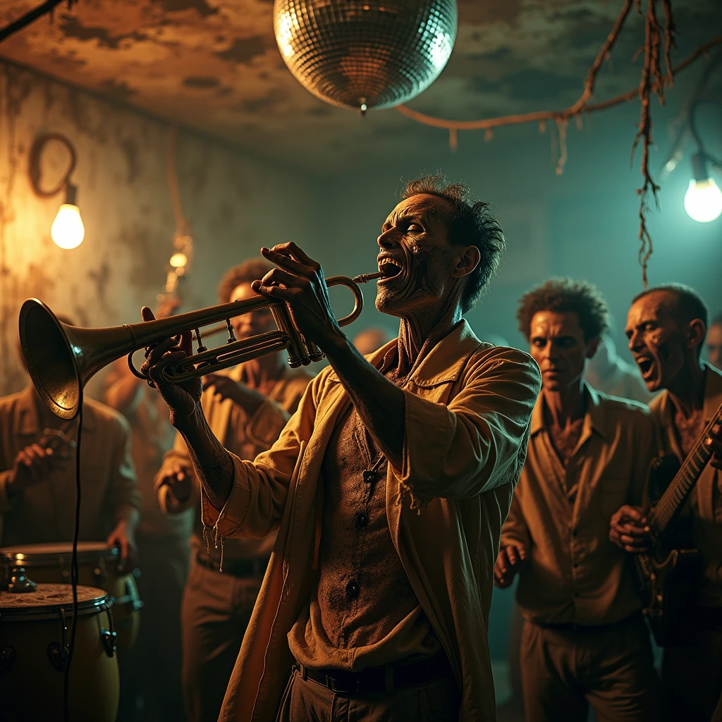 Close-up view of a group of zombie pútrido show the Bones  musicians playing trumpet bongo marimba maracas guitarron, inside a Latin music party hall, The scene is a party or a musical movie like "west side story". The zombies are rotting in dirty torn wrinkled party clothes full of dust and cobwebs. The  room is dirty and old, only a few light bulbs work, mirror ball on the ceiling is broken. Dirty and old environment.horror movie, great image quality with lots of detail