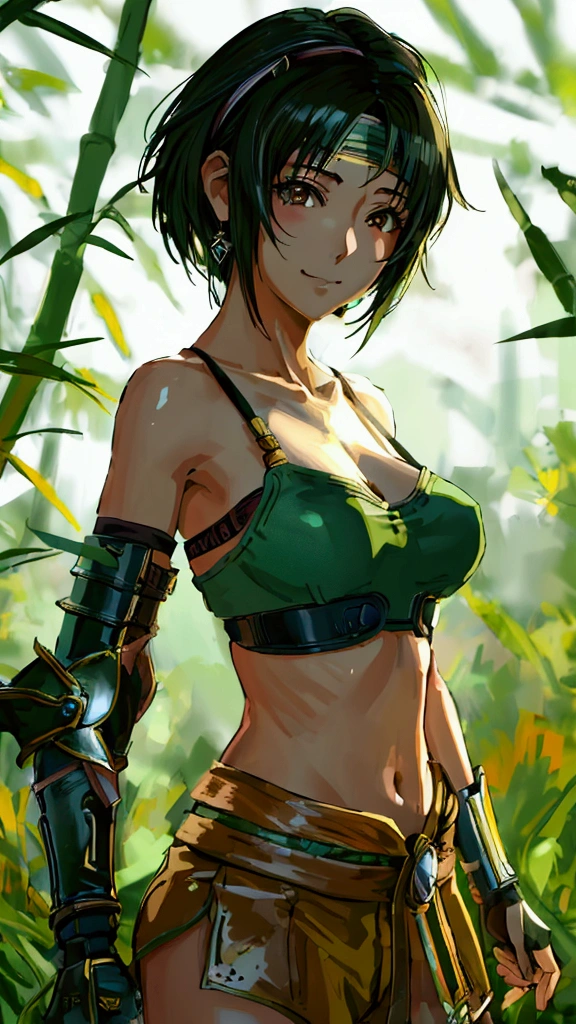 (((masterpiece))),((Highest quality、masterpiece、anime style、best quality、high resolution、8k、detailed、ultra-detailed:1.3)),(((Beautiful one woman:1.3))),((yuffie kisaragi,Black Hair、Shortcuts:1.3)), headband, green crop top, shoulder armor, armguard, fingerless gloves, tan shorts, single thighhigh, fishnets, upper body, looking at viewer, furrowed brow, smug smile, closed mouth, grass, bamboo, sky,sexy pose,(((outdoor))),Daytime