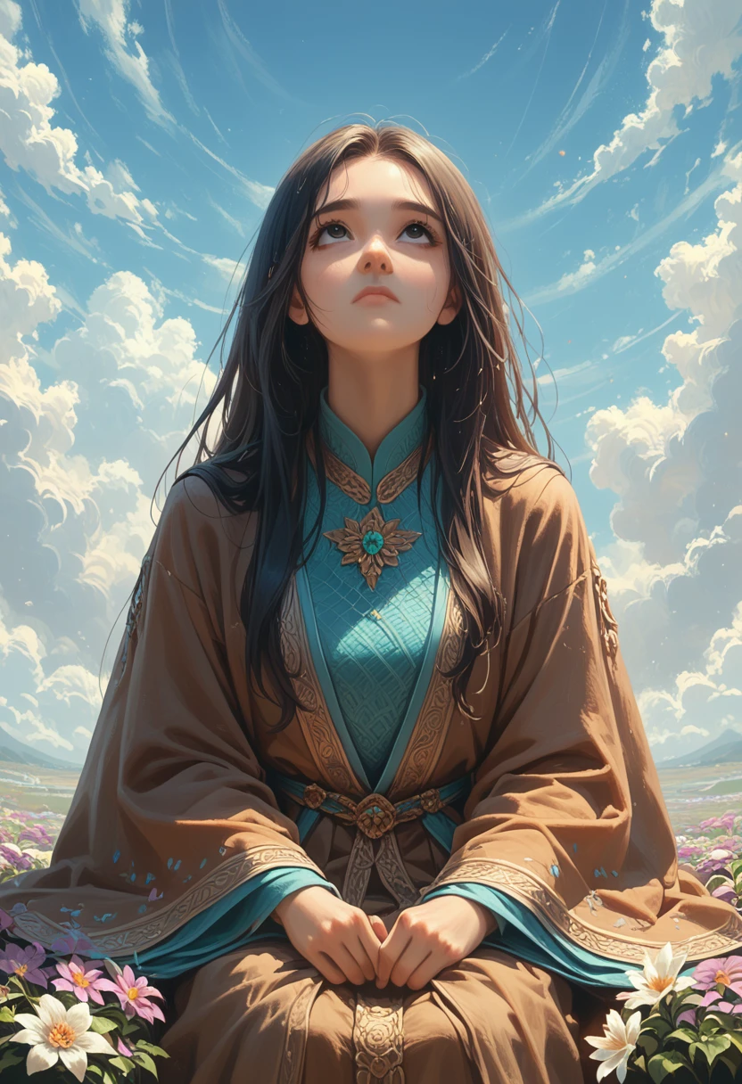 (Best quality, masterpiece), Turquoise mesh filter, (1 girl, One, brown robe, facial expression, Looking up, sitting, wide sleeves, black eyes, closed mouth, long hair, cowboy shot), (clear sky, The Cosmos Flower is served, cloud),