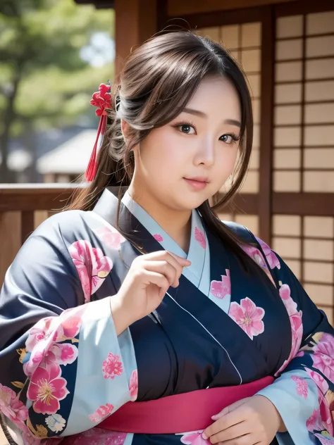 (((double chin))),(((plump face,fat))),((((chubby,overweight,corpulent)))),close-up of a woman in a kimono posing for a photo, j...